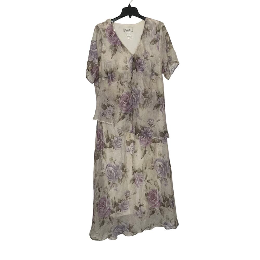 Connected Woman Vintage Floral Maxi Dress 22 Cottagecore Sheer Overlay VNeck 90s